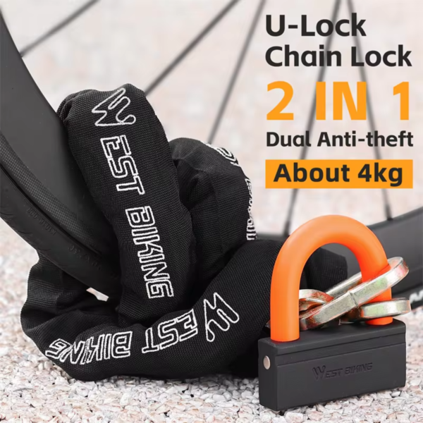 WEST BIKING Heavy Duty 4KG Bike Chain Lock with Padlock & Two Keys